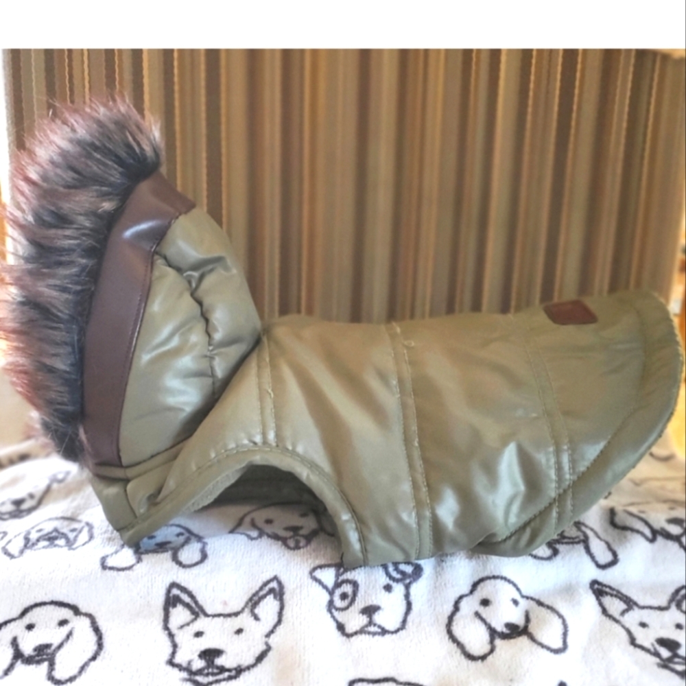 Army green & brown, faux fur hood puffer vest, Velcro closure Dog Coat Size XS